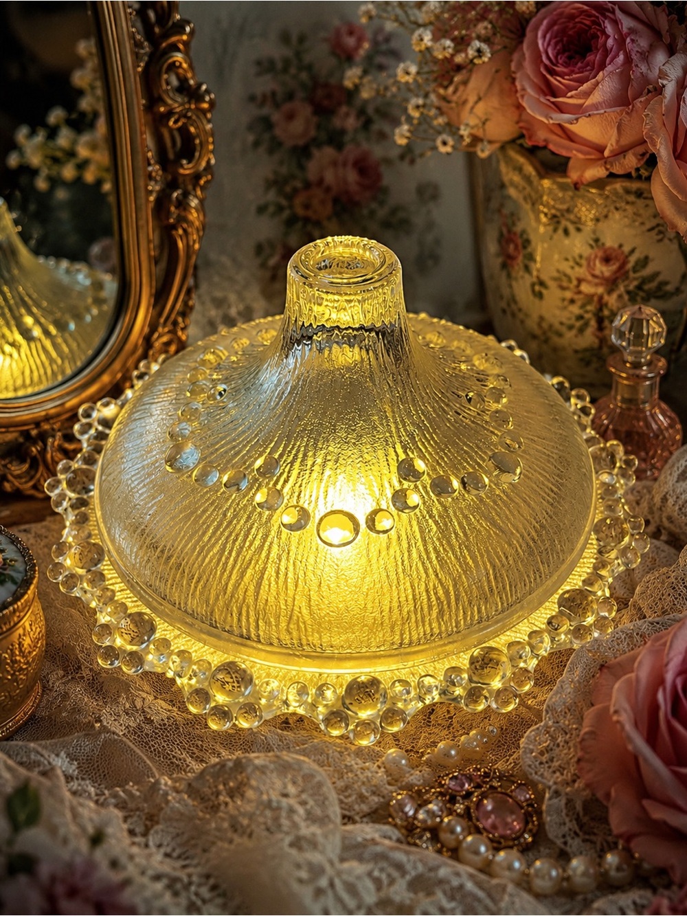 Vintage Frosted Bubble Glass Candy Dish with Matching Lid Styled as a Fairy Lamp